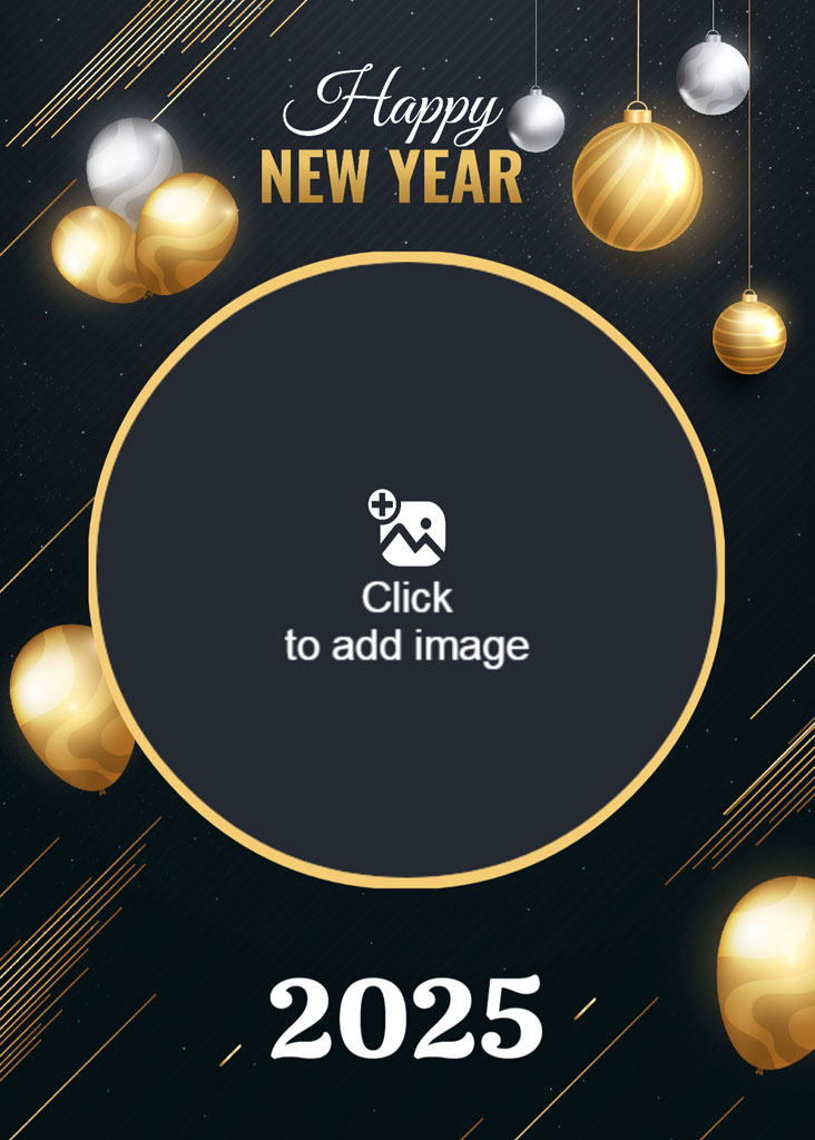 Happy New Year 2025 greeting with gold and silver ornaments on a black background
