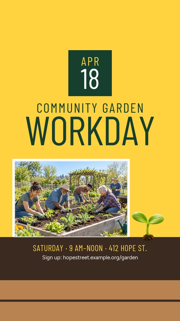 Vertical story template with yellow background, garden volunteers planting seedlings, and community garden workday text.