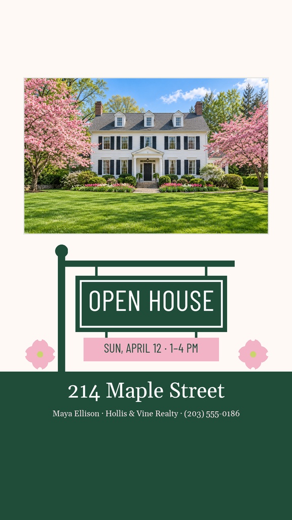 Portrait real estate story template with a house photo, open house sign, and Maple Street address.