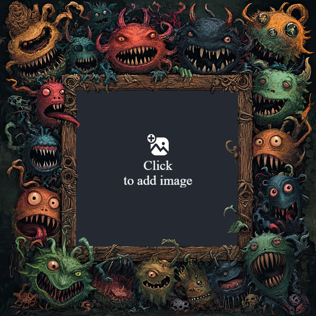 A frame with a dark center surrounded by colorful monster faces