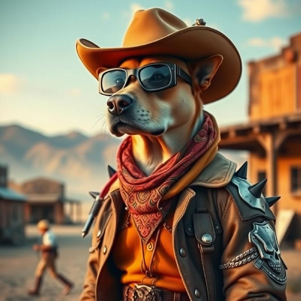 Steampunk cowboy with goggles and leather jacket in a desert town