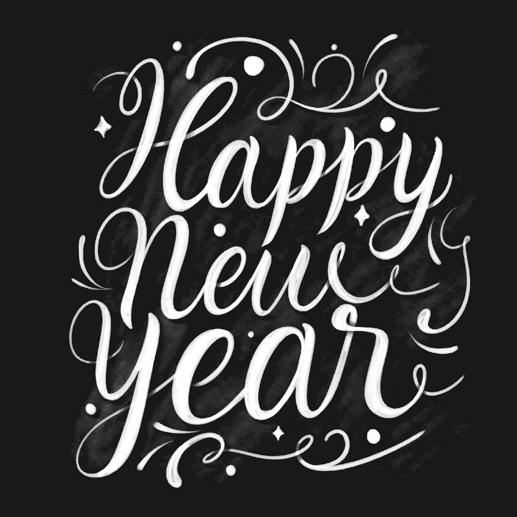 Happy New Year calligraphy on black background