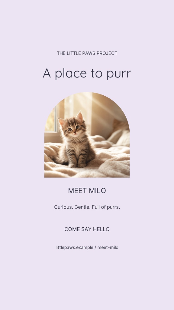 Vertical story template with a kitten photo, centered headline, and soft lavender background.