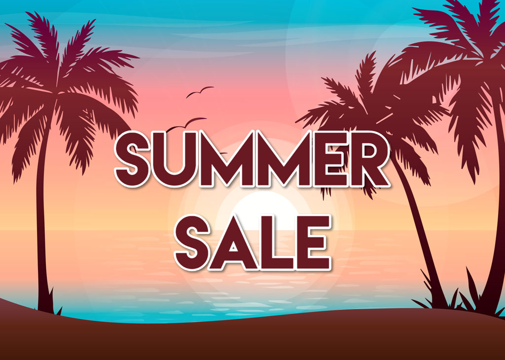 Summer sale banner with palm trees and sunset