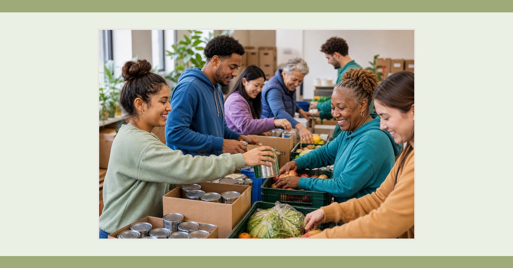 Volunteers and community members packing food donations at a pantry table