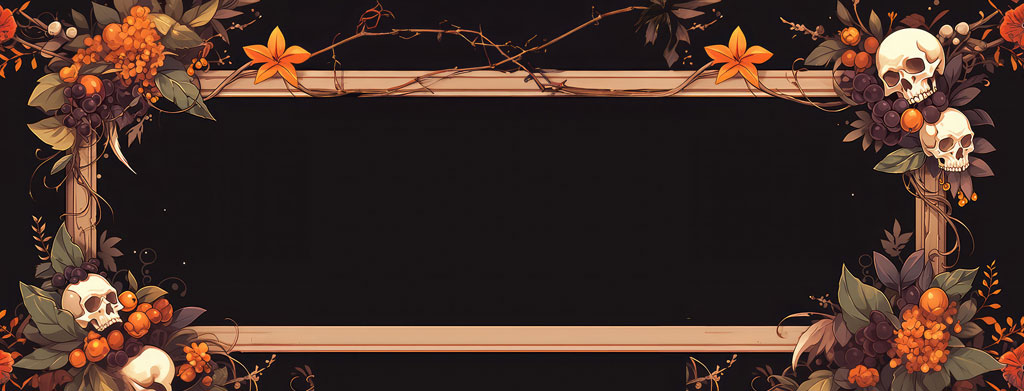 Halloween frame with orange flowers and skulls