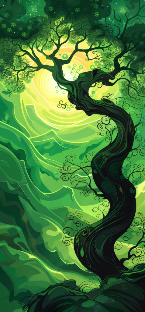A stylized tree with dark green branches and leaves against a bright green background.