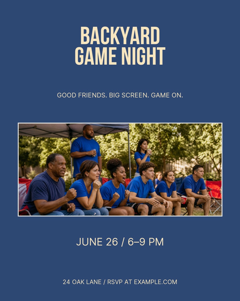 Blue portrait post with game night text and a crowd watching outdoors under a canopy.