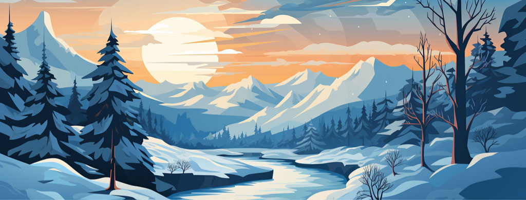 Illustration of a peaceful winter landscape with snow-covered mountains and a river.