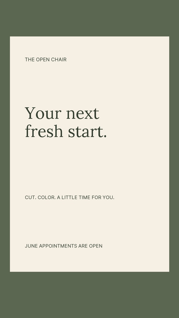 Minimal portrait template with cream background and text about open June appointments and a fresh start.