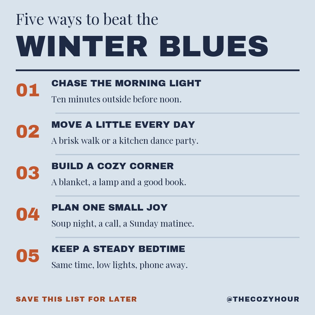 Square Instagram post with five winter self care tips and bold winter blues headline.