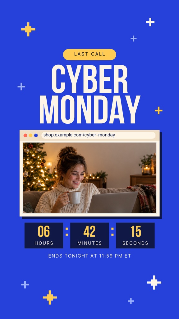 Blue Instagram story template with Cyber Monday last call text, countdown timer, and a shopping scene screenshot.