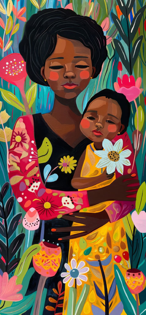Illustration of a mother with dark skin and short black hair holding a child with dark skin and short black hair, surrounded by flowers and