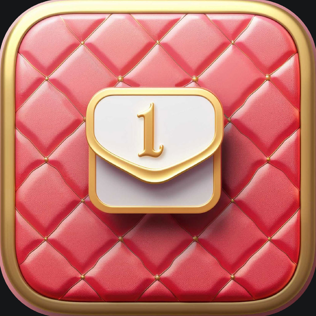 Luxury email notification icon with red quilted background and gold envelope