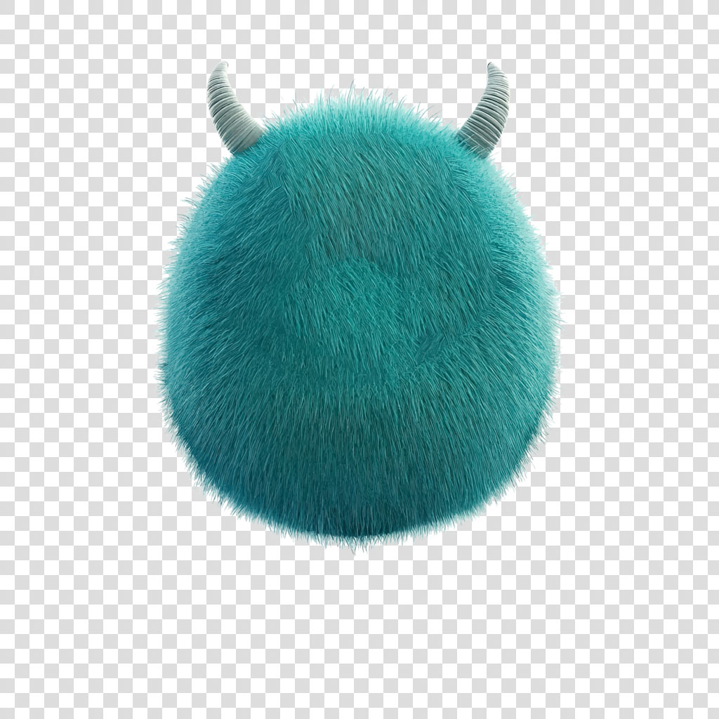 A teal, fuzzy, round creature with two gray horns on a white background.