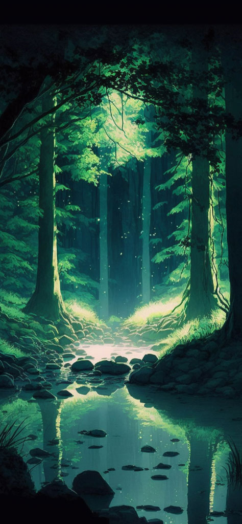 A mystical forest with a stream and tall trees