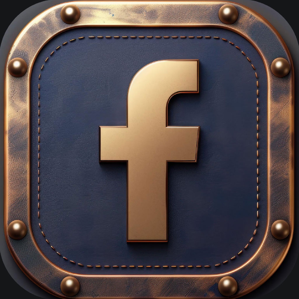 Facebook logo on a blue background with gold trim
