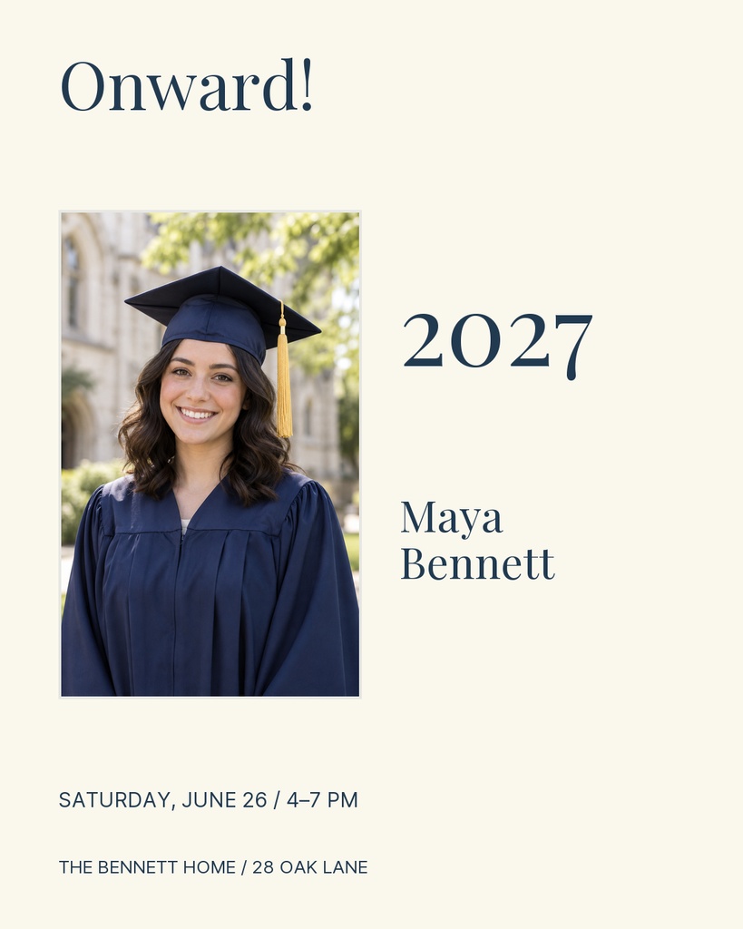 Portrait post with a graduate photo, Onward headline, Class of 2027 text, and event details on a light background.