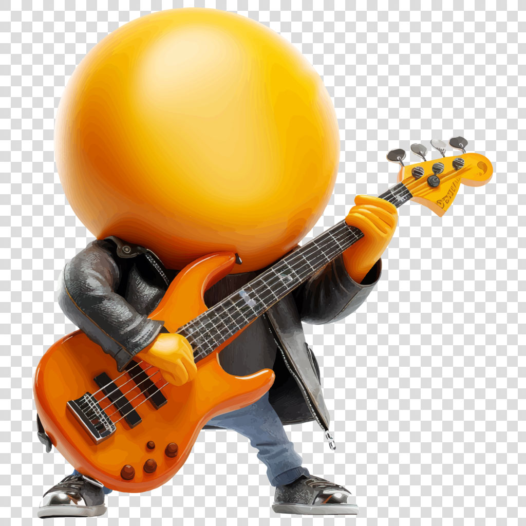 Golden figurine with a large head playing an electric guitar