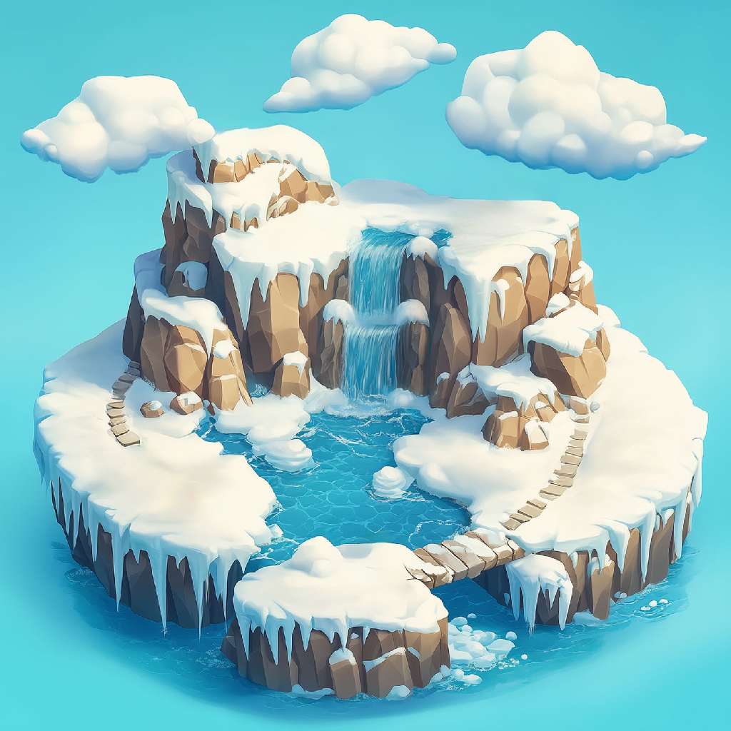 Isometric 3D illustration of a snowy island with a waterfall and surrounding icy waters.
