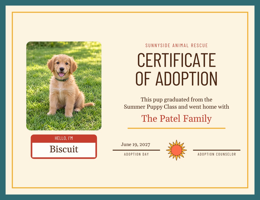 Preview for Meet The Summer Puppy Class Keepsake Certificate Template