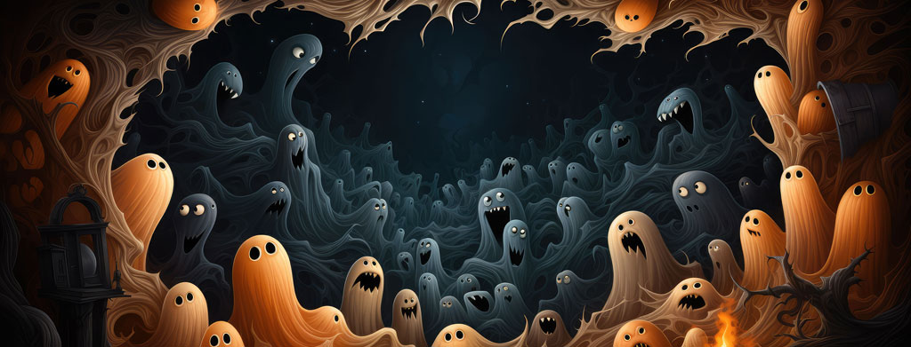 A dark cave filled with various ghosts
