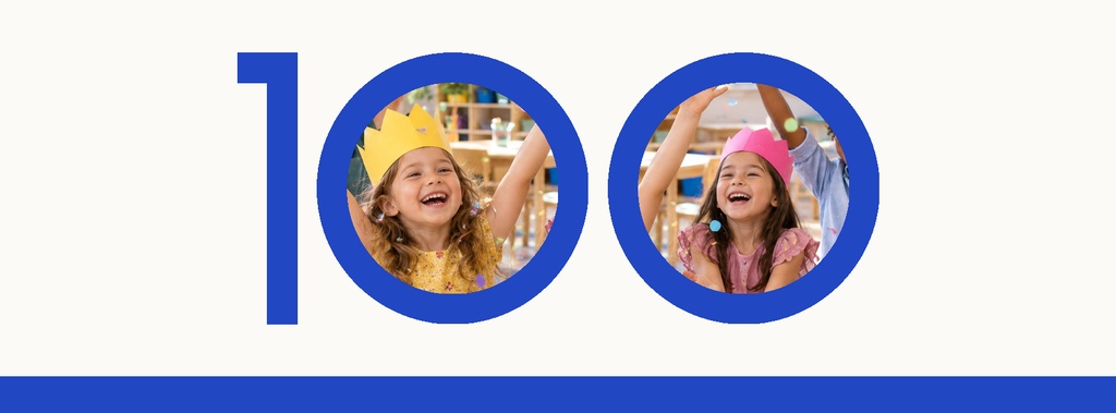 Blue 100 graphic with two smiling children inside the zeroes on a white background.
