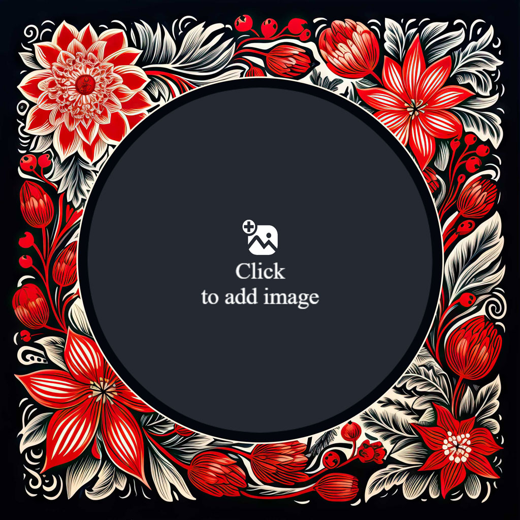 A woman and man whispering into the ears of a smiling child, surrounded by a red and white floral border.