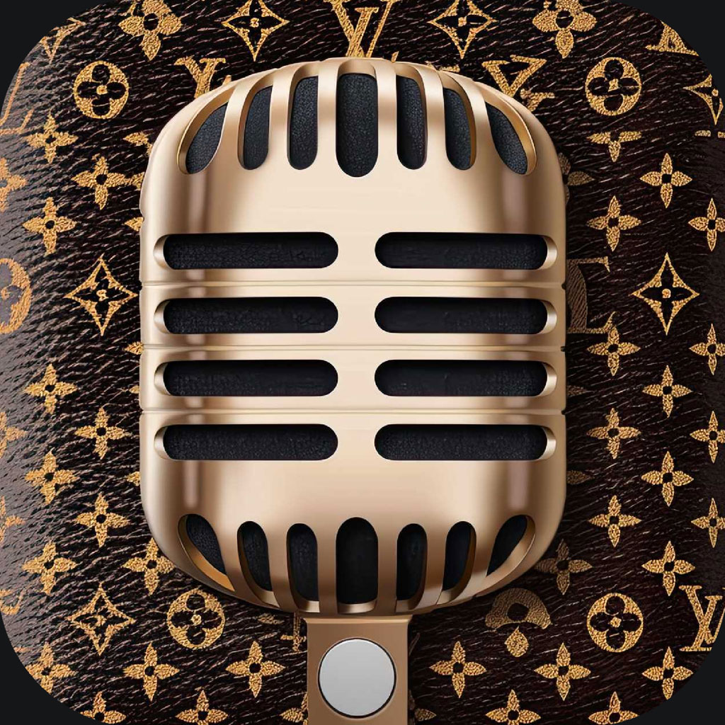 Gold microphone on Louis Vuitton background