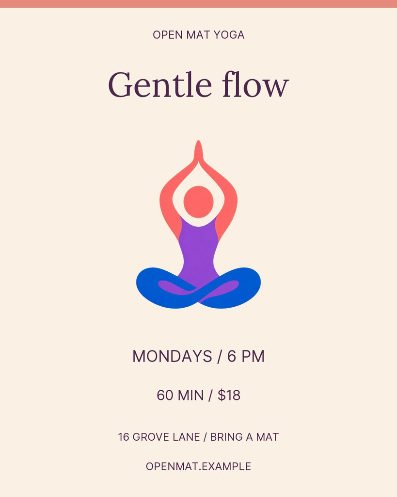Portrait yoga post with a seated figure illustration, Gentle Flow headline, and class details on a cream background.