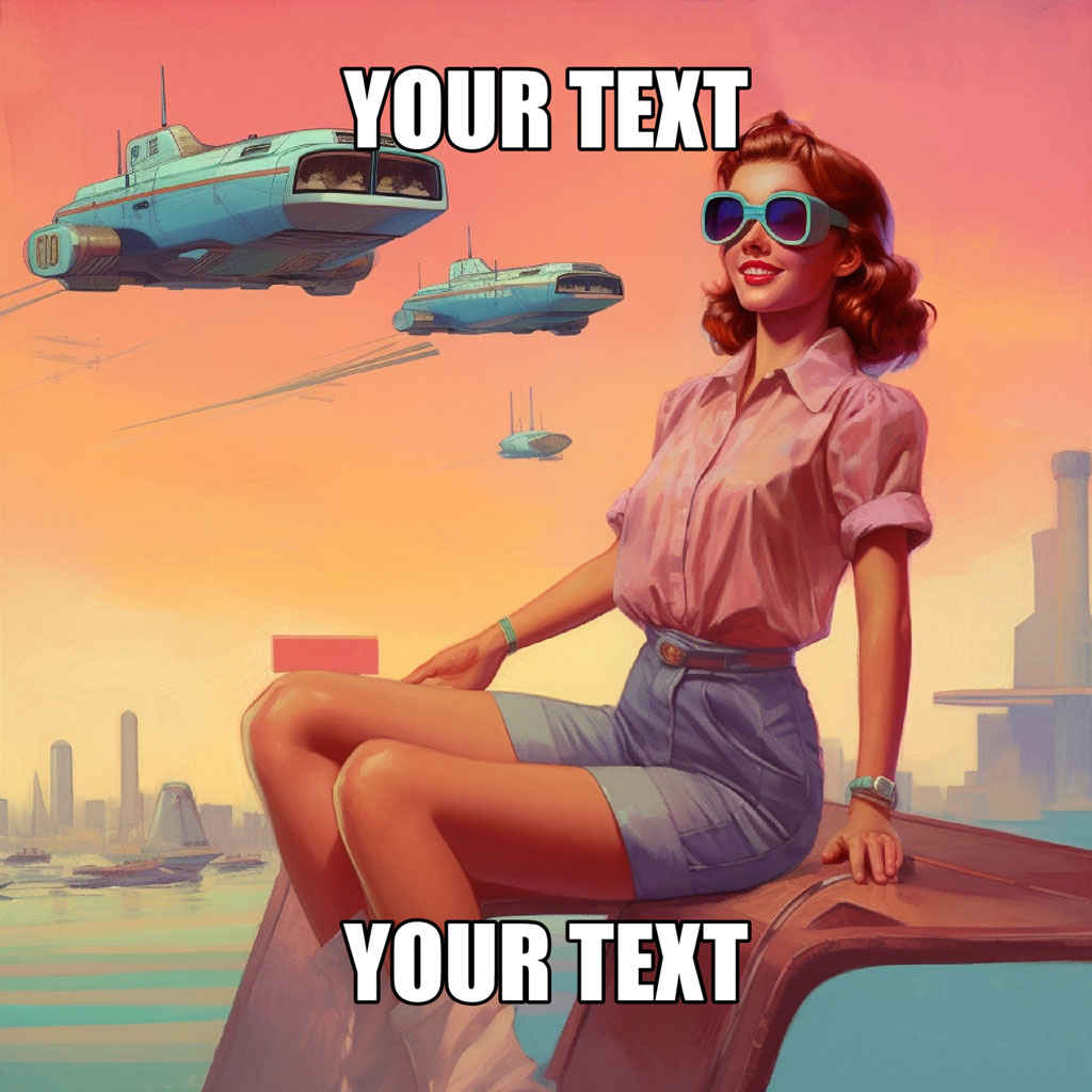 A woman in retro attire sitting on a car with futuristic flying vehicles in the background