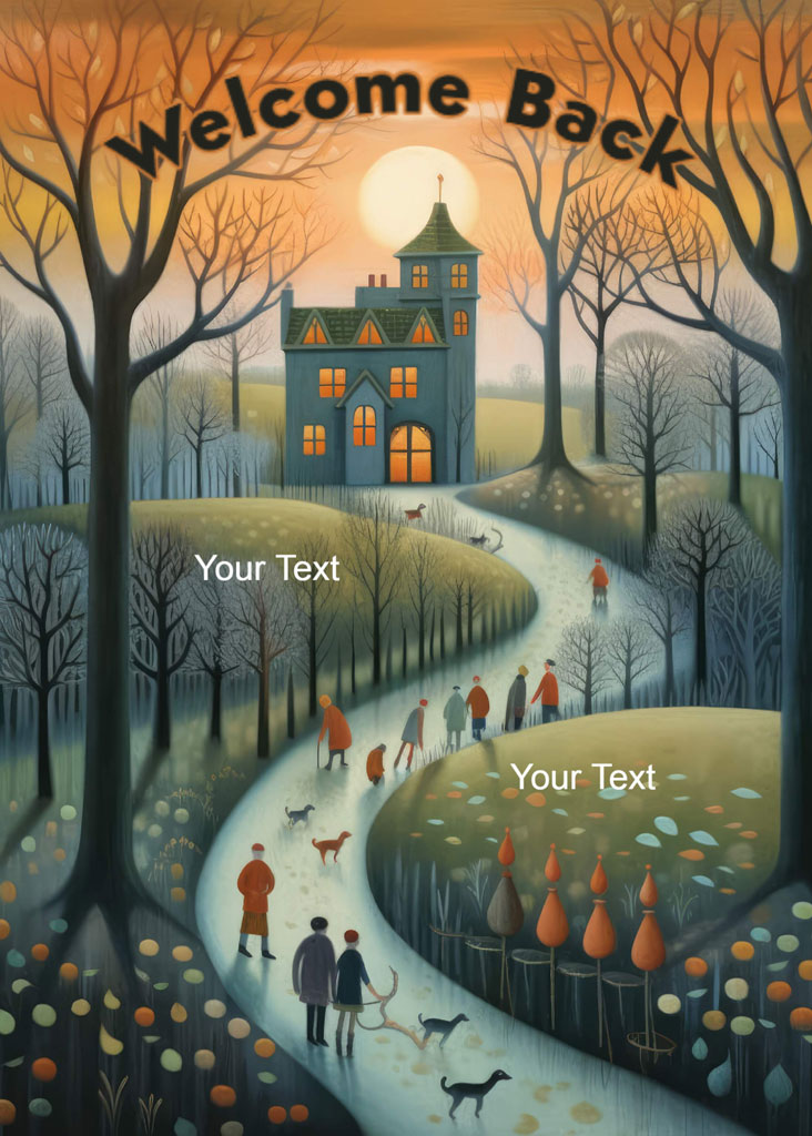 Illustration of a mystical autumn evening with a large house and people walking dogs