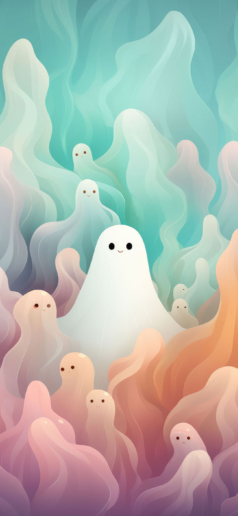 A group of ghostly figures with smiling faces surrounded by swirling pastel colors.