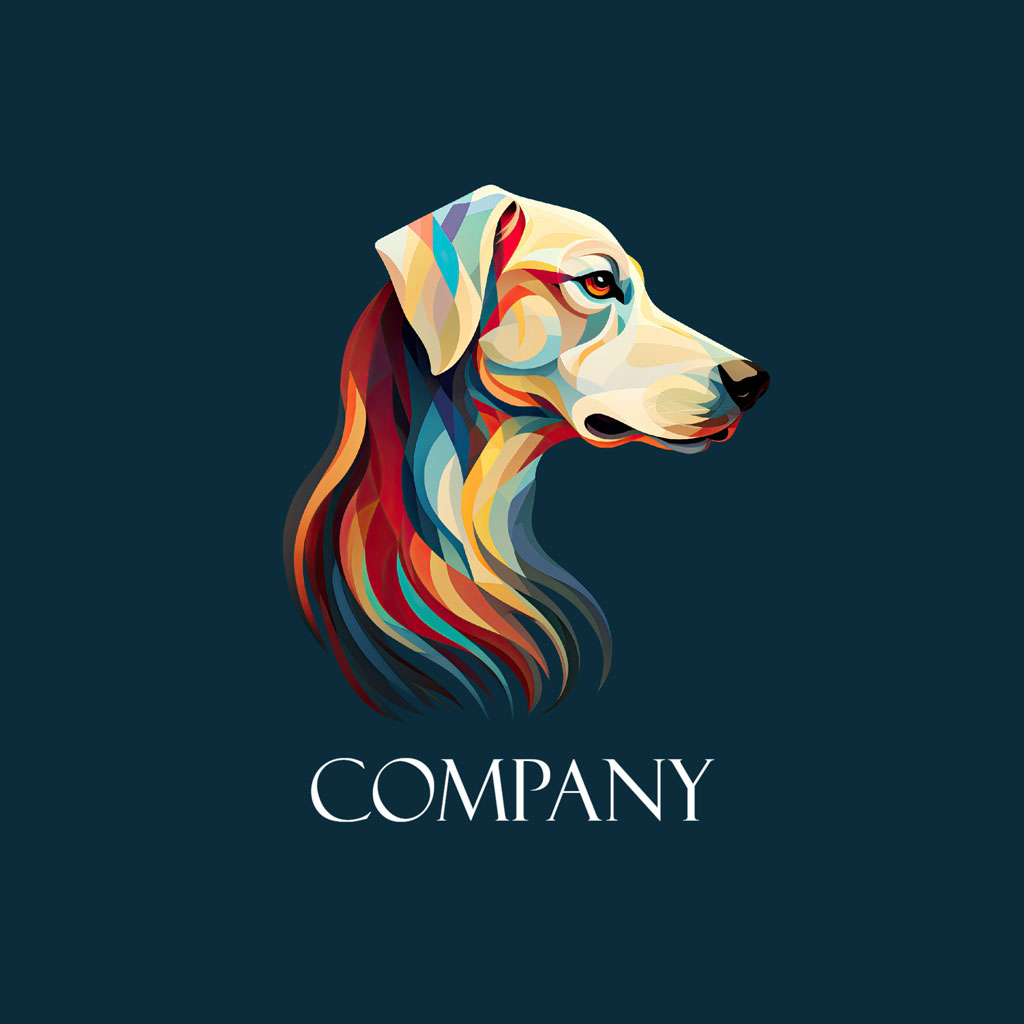 Stylized dog head with multicolored fur
