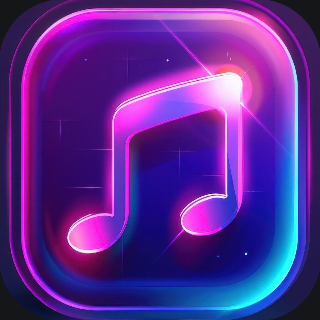 Neon music note icon with pink, purple, and blue gradient