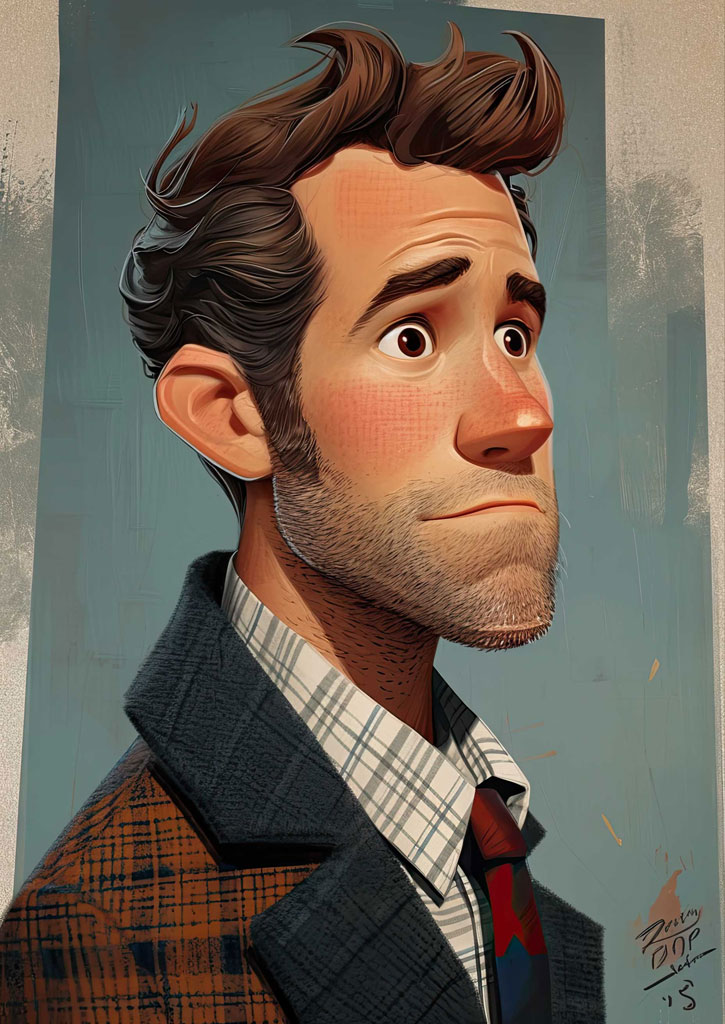 A cartoon illustration of a man with brown hair and a plaid jacket looking to the right with a surprised expression.