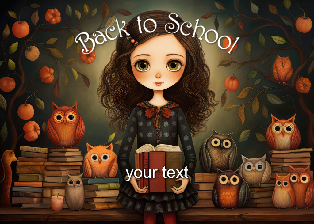 A cartoon girl holding a book surrounded by owls and stacks of books under a tree with oranges.
