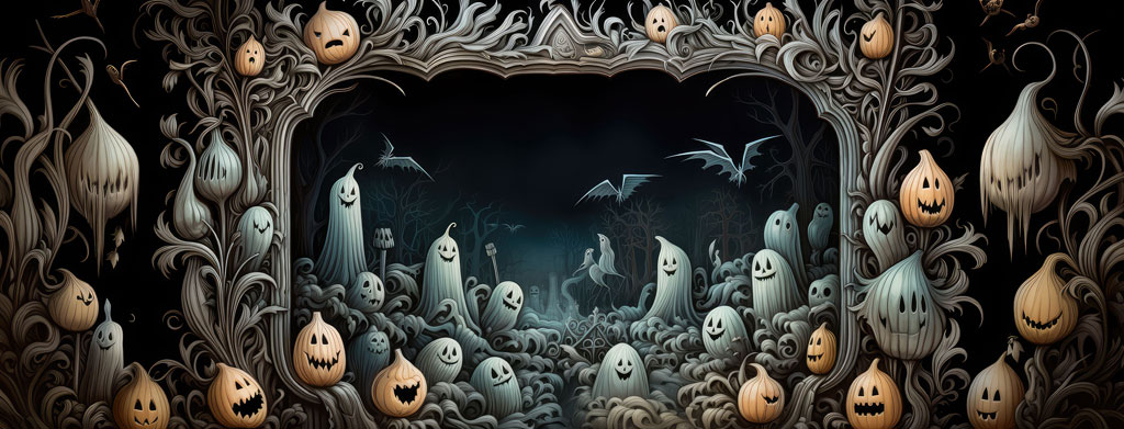 Halloween ghosts and pumpkins in a dark, mystical setting
