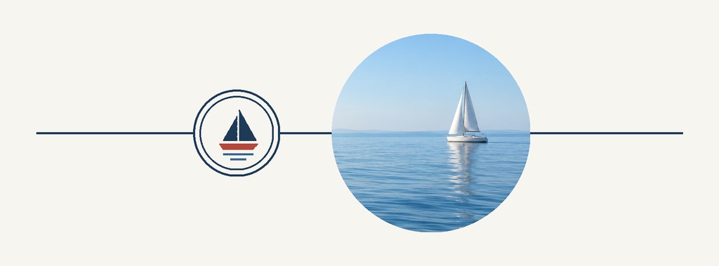 Minimal nautical banner with a sailboat logo and a sailboat on calm blue water in a circle