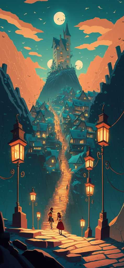 Illustration of a village with a castle on a hill at night