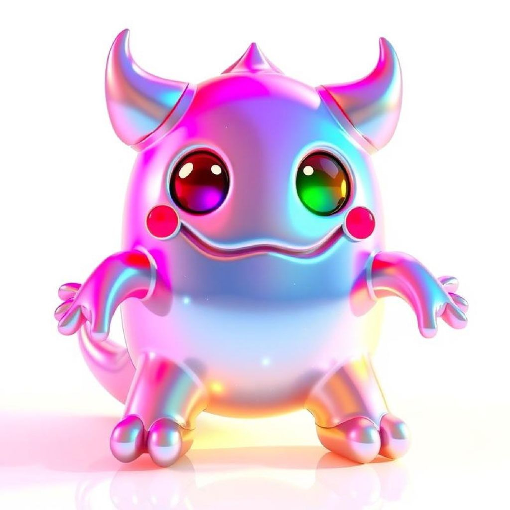 Iridescent cartoon monster with large eyes and horns