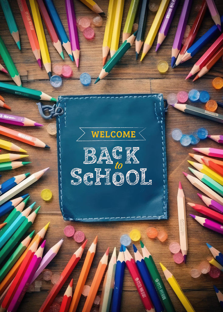 Colorful pencils and notebook with 'Welcome Back to School' message