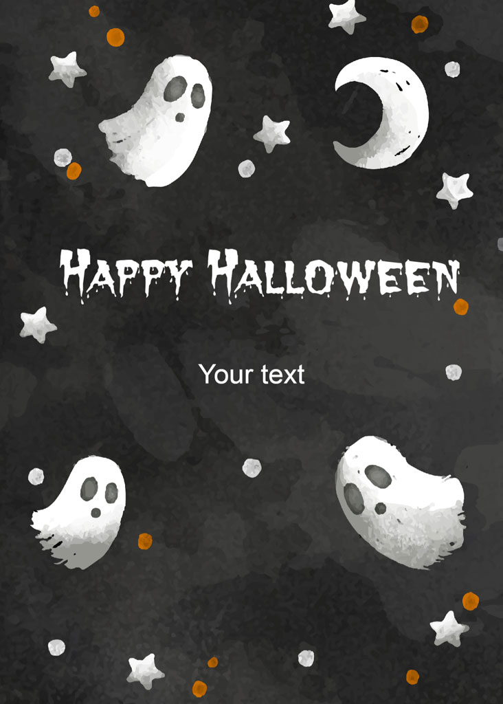 Halloween card with white ghosts and stars on a dark background