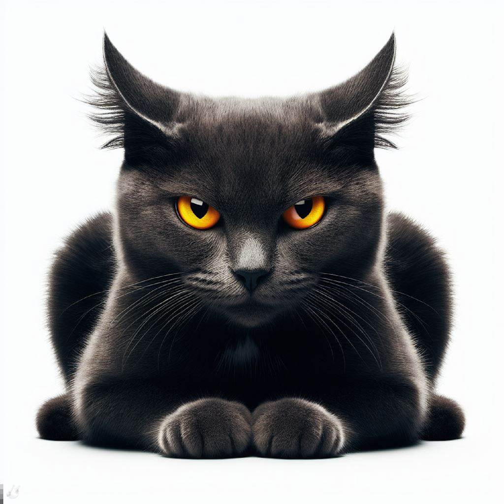 Illustration of a black cat with red eyes and sharp fangs