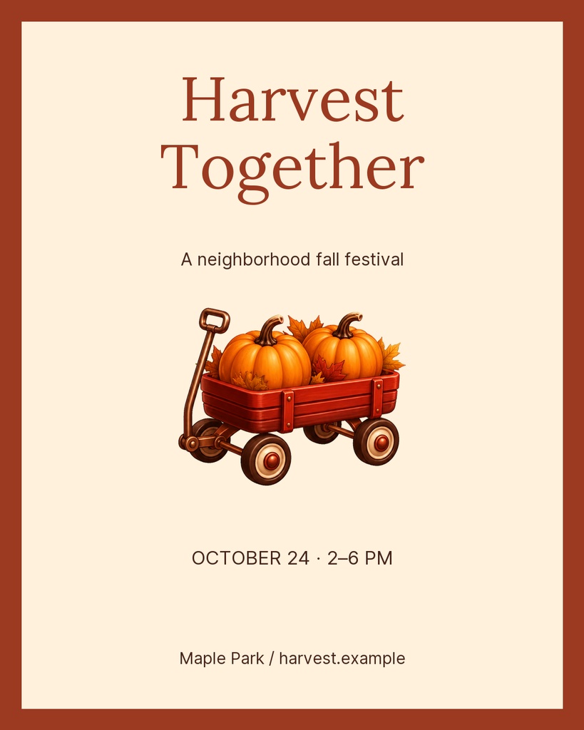 Portrait social post with the words Harvest Together and a wagon of pumpkins on a cream background.