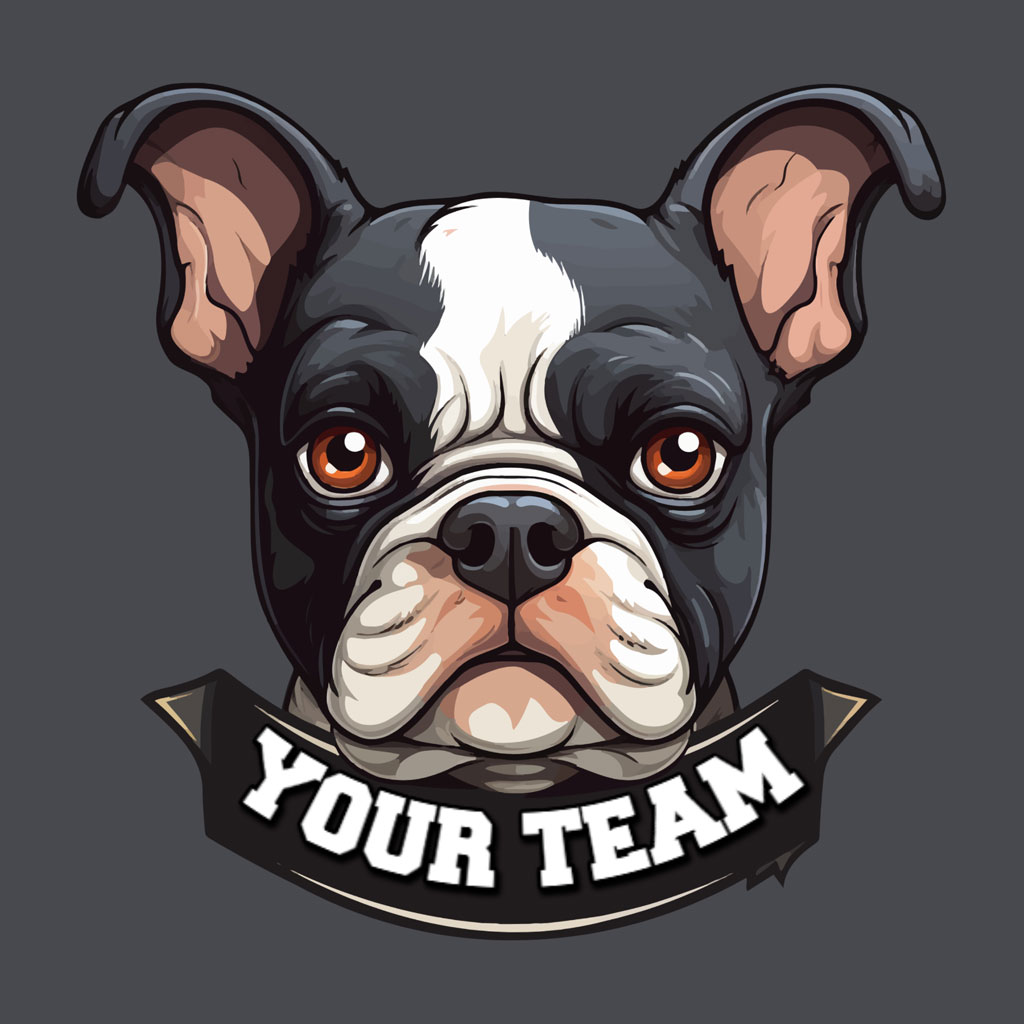 Cartoon Boston Terrier head with 'Your Team' banner