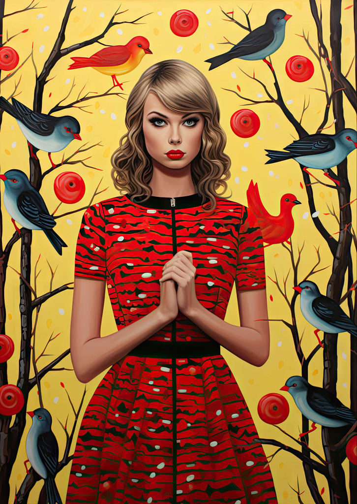Taylor Swift in a red dress with birds on tree branches