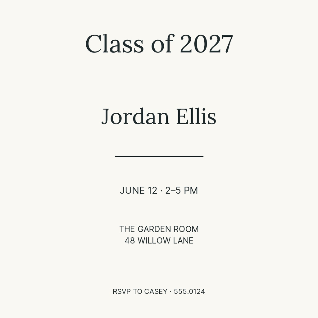 Minimal square graduation invitation with Class of 2027, name, date, venue, and RSVP details on a light background.