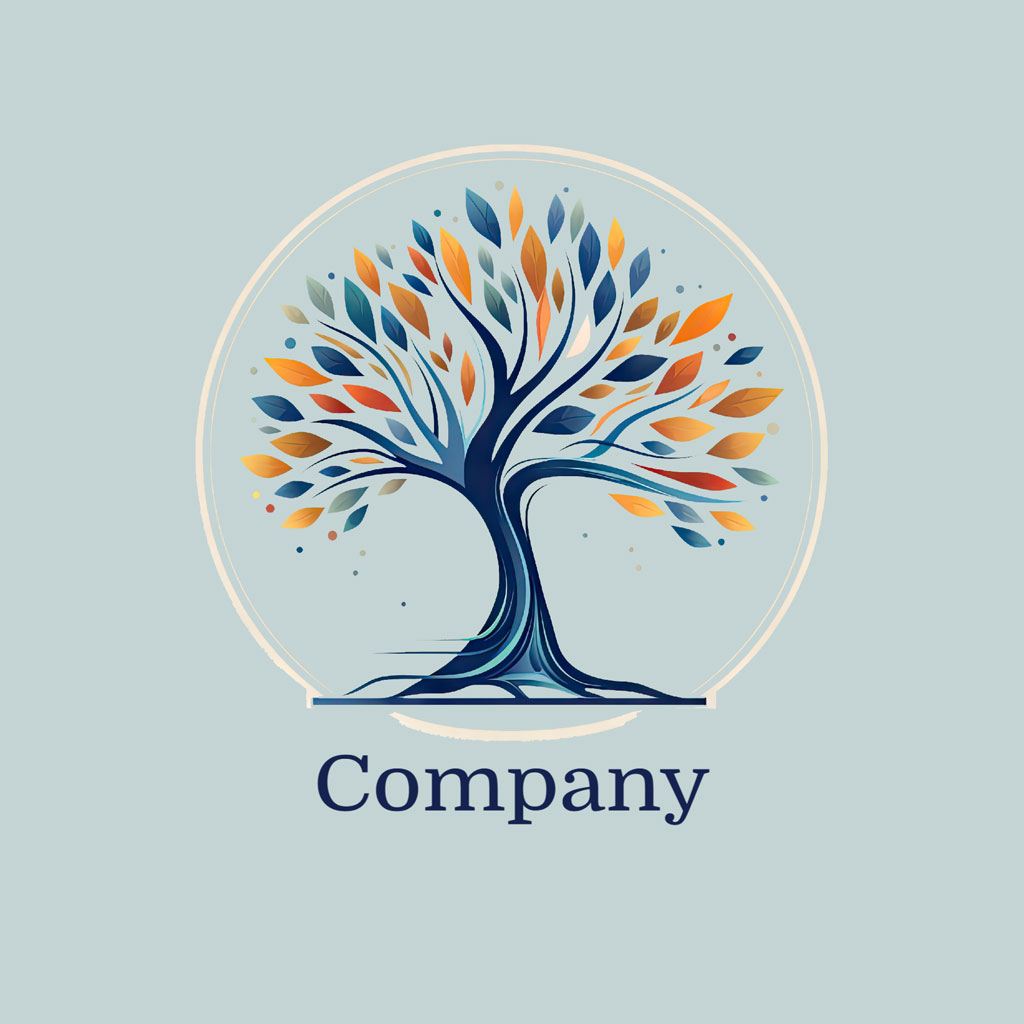 Stylized tree logo with blue and orange leaves