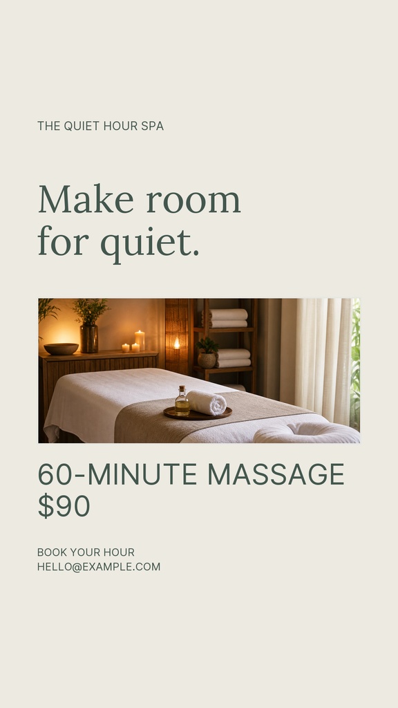 Minimal spa Instagram story with massage room photo and text for a 60-minute massage.
